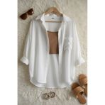 Shiron Sportswear&Company Kadın Beyaz Oversize Keten Gömlek %100 Pamuk