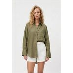 Shiron Sportswear&Company Kadın Haki Oversize Keten Gömlek %100 Pamuk