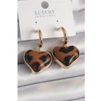 Shoecide Pirinç Gold Renk 3d Kalp Leopar Desen Model Kadın Küpe