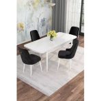 Shoovvel Mona Beyaz 80X132 Açılabilir Mdf Masa Yemek Odası Takımı, Mutfak Takımı 4 Adet Sandalye Beyaz Masa - 4 Siyah - Beyaz Ayak