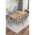 Shoovvel Mona Meşe Desen 80X132 Açılabilir Mdf Masa Yemek Odası Takımı, Mutfak Takımı 6 Adet Sandalye Meşe Masa - 6 Gri - Ceviz Ayak