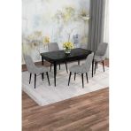 Shoovvel Mona Siyah Mermer 80X132 Açılabilir Mdf Masa Yemek Odası Takımı, Mutfak Takımı 4 Adet Sandalye Siyah Mermer - 4 Gri - Siyah Ayak