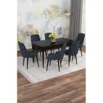 Shoovvel Mona Siyah Mermer Desen 80X132 Açılabilir Mdf Masa Yemek Odası Takımı, Mutfak Takımı 6 Adet Sandalye Siyah Mermer - 6 Antrasit - Siyah Ayak