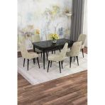 Shoovvel Mona Siyah Mermer Desen 80X132 Açılabilir Mdf Masa Yemek Odası Takımı, Mutfak Takımı 6 Adet Sandalye Siyah Mermer - 6 Krem - Siyah Ayak