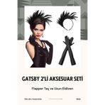 shop 1920'ler İkili Gatsby Aksesuar Seti- Siyah Flapper Tüy Saç Bandı ve Uzun Eldiven
