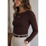 shop Kadın Acı Kahve %100 Pamuk Ultra Soft Kayık Yaka Uzun Kol Bluz