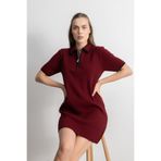 Shophia Kadın Polo Yaka Fermuarlı Triko Mini Elbise - Bordo