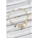 Shopwave Pirinç Zirkon Taşlı Güneş Ay Nazar Model Gold Renk Charm Bileklik