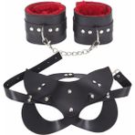 Shopwave Sınırsızmarket Kırmızı Suni Deri Kelepçe Maskesi Seti, Metal Zincirli, Kadife Astarlı - 0-Kahverengi - 0,60 x 19 x 29 cm