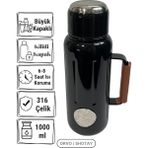 Shotay Retro 1 L 316 Çelik Termos – Uzun Süre Isı Korumalı, Büyük Kapaklı, Saplı Paslanmaz - Siyah - 1 lt
