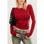 SİA LESS Polyamid Kumaş Uzun Kollu Bordo Bady Basic Klasik Slim Fit Likralı Body