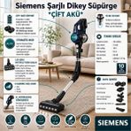 Siemens 18VOLT Çift Akülü Dikey Şarjlı Turbo Başlık ile Etkili Temizlik Elektrik Süpürgesi - Siyah - ÇİFT AKÜLÜ