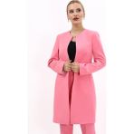Sıfır Yaka Düz Uzun Ceket-Pembe - 40