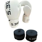 Sıfır312 Boks Eldiveni Bandaj Set Kick Boks Eldiveni, Muay Thai Eldiveni, Maç ve Antrenman Eldiveni + Bandaj - Beyaz - 6 oz