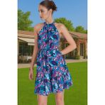 Şifon Kumaşlı Çiçekli Mini Elbise Rahat Günlük Stil Halter Yaka Mükemmel Uyum Trend Tasarım - Mavi - 42
