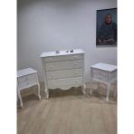 Şifonyer 2 Adet Komodin 90668 Model Aslan Ayak Kayın Parlak Beyaz Porselen Kulp