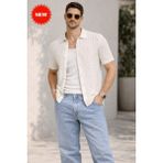 SiFu Tekstil Erkek Polo Yaka Ajurlu Triko Tişört Yazlık Örgü Düğmeli Modern Triko - Ekru - L - XL