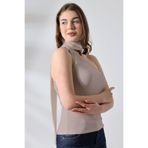 Şiir Glaud Kadın Yumuşak Dokulu Tek Omuz Büzgülü Boyun Bağcıklı Esnek Jakar Örme Basic Top & Bluz - Vizon