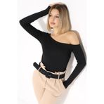 Şiir KATHA Kadın Asimetrik Yaka Uzun Kollu Likralı Esnek Kumaşlı Bluz & Top - Siyah
