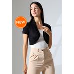 Şiir Puzi Kadın Siyah Penye Oval Etek Ajur Desenli Kısa Kollu Omuzları Büzgülü Kısa Hırka & Bolero