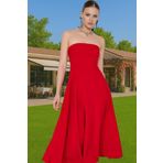 Şık A Kesim Straplez Midi Elbise Finike Dokuma Polyester Elastan Konforlu Kesim Rahat Ve Şık