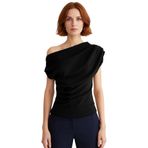 Şık Dökümlü Örme Bluz Asimetrik Yaka Kısa Kol Regular Kalıp Özel Tasarım Modern Stil_Siyah-XL
