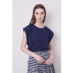 Şık Likralı Span Kumaş Kolsuz Geniş Sıfır Yaka Düşük Omuzlu Basic Tshirt Bluz-Lacivert