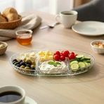 Şık Tasarımlı 3 Bölmeli Cam Kahvaltılık – 27X15 Cm Dayanıklı Servis Tabağı, Çok Bölmeli Sunum Kabı, Çizgili Desen Cam Meze Atıştırmalık Tabağı