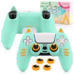 SIKEMAY Cat Paws PS5 Denetleyici Cilt Aksesuarları Kaymaz Silikon, PlayStation 5 Kablosuz Denetleyici için Yumuşak Kalınlaştırılmış Koruyucu Kapak, 2 x Sevimli Başparmak Tutacağı ile - Yeşil Turuncu