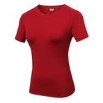 Sıkıştırma Tops Kadınlar Hızlı Kuru Fit Tank Sweat Shirt T-Shirt Tee Kısa Kollu Spor Egzersiz Atletik Fitness Koşu Activewear, kırmızı, S