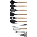 Silikon Ahşap Saplı Mutfak Gereçleri Seti, Siyah, Kepçe, Kaşık, Kevgir, Makarna, 2 Spatula, 2 Maşa, Çırpıcı, Makas - 10 Parça