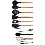 Silikon Ahşap Saplı Mutfak Gereçleri Seti, Siyah, Kepçe, Kaşık, Kevgir, Makarna, 2 Spatula, 2 Maşa, Çırpıcı, Silikon Kaşık - 10 Parça