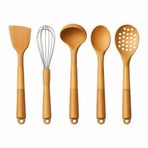 Silikon Mutfak Pişirme Gereçleri Seti, 5 Parça Yapışmaz Mutfak Gereçleri Seti Ahşap Saplı Spatula Seti Isıya Dayanıklı Silikon Tencere Mutfak Gereçleri (Açık Kahverengi)