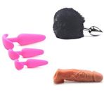 Silikon Üçlü Anal Tıkaç Seti Pembe + Kabarık Tavşan Kuyruğu Anal Tıkaç Siyah + Gerçekçi Penis Kılıf Uzatıcı 15 cm