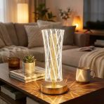 Silindirik Kristal Çizgi Model Led Masa Lambası – Gold Tabanlı, Dokunmatik, 3 Renk Işık Modlu, Şarjlı Modern Dekoratif Gece Lambası (5067)