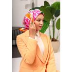 Silk Home 11407-11 Turuncu-Pembe Geometrik Yaprak Desen Tivil İpek Eşarp