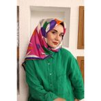 Silk Home 11408-06 Yeşil-Mor Çiçek Desen Tivil İpek Eşarp
