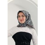Silk Home 11412-36 Antrasit-Beyaz Çiçek Desenli Tivil İpek Eşarp