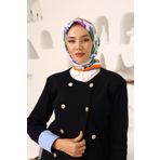 Silk Home SYR25637 Saks Mavisi-Turuncu Geometrik Yaprak Desen Tivil İpek Eşarp