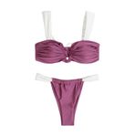 Silkglory Bikini Kadın, V Yaka Destekli Bikini İki Parçalı Mayo Brezilya Seksi Kıvrımlı Yüksek Kesim Tanga Bikini Parıltılı Beyaz ve Mor Dikişli Mayo Bikini Seti, Mor, S