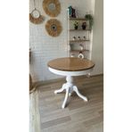 silla Baba Ayaklı Masa Naturel Ahşap Yuvarlak Üst Tablalı Beyaz Ayaklı Açılır Masa (ÇAP 90 CM)