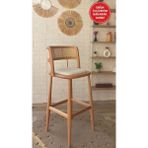 Silla Odin Bar Sandalyesi Teddy Krem Kumaş Hasırlı Naturel Ahşap Ada Sandalyesi
