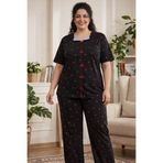 Silona Homewear Siyah Renk Kırmızı Kalpli Büyük Beden Battal Boy Kısa Kollu Pijama Takımı