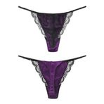 SilRiver Kadın ipek saten seksi dantel iç çamaşırı tanga külot G-string & T-sırt, Mor, L-XL