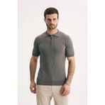 Silvano Erkek Fermuar Yakalı Fitilli Triko Tişört-Slim Fit Polo Yaka Örme - Antrasit - 2XL