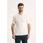 Silvano Erkek Fermuar Yakalı Fitilli Triko Tişört-Slim Fit Polo Yaka Örme - Beyaz