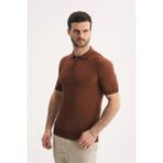 Silvano Erkek Fermuar Yakalı Fitilli Triko Tişört-Slim Fit Polo Yaka Örme - Kiremit