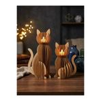 Simidil Design Parametrik Kedi Figürlü Dekoratif Ahşap Mumluk Seti - Büyük ve Küçük Boy Tealight Mumluk Şamdan Hediyelik Modern Biblo Aydınlatma (36cm & 26cm)