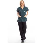 Simirna Üniforma Üst Avcı Yeşili Alt Siyah Cerrahi Doktor Hemşire Scrubs Forma Takım - 2XS