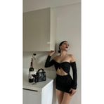 Simli Kumaştan Önden Fiyonklu Straplez Elbise SİYAH S